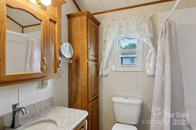 222 Pike Pt, Waynesville, NC 28785 - bathroom featuring toilet, ornamental molding, curtained shower, and vanity