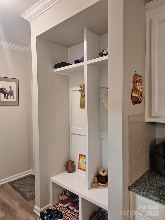 1202 Calder Dr, Indian Trail, NC 28079 - mudroom with baseboards, wood finished floors, and crown molding