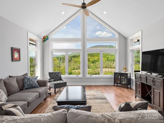 1810 Coopers Gap Rd, Mill Spring, NC 28756 - living area with light wood-type flooring, a ceiling fan, and high vaulted ceiling