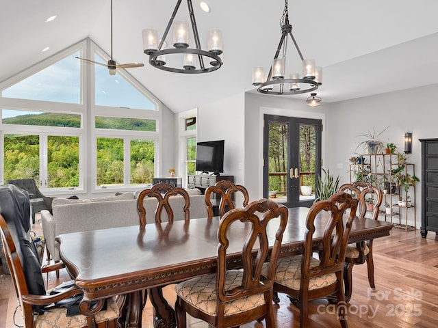 1810 Coopers Gap Rd, Mill Spring, NC 28756 - dining room with high vaulted ceiling, french doors, light wood-type flooring, and a notable chandelier