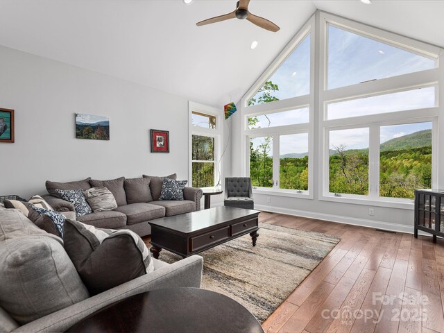 1810 Coopers Gap Rd, Mill Spring, NC 28756 - living area featuring ceiling fan, high vaulted ceiling, recessed lighting, baseboards, and hardwood / wood-style flooring