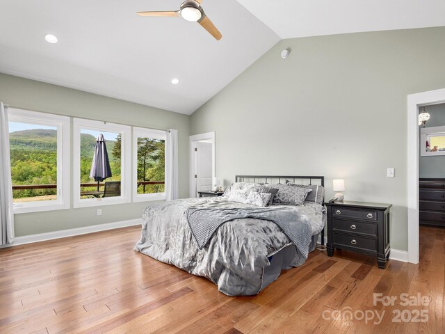 1810 Coopers Gap Rd, Mill Spring, NC 28756 - bedroom featuring baseboards, recessed lighting, wood finished floors, and high vaulted ceiling