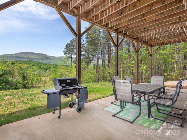 1810 Coopers Gap Rd, Mill Spring, NC 28756 - view of patio with outdoor dining area, a grill, a mountain view, and a forest view