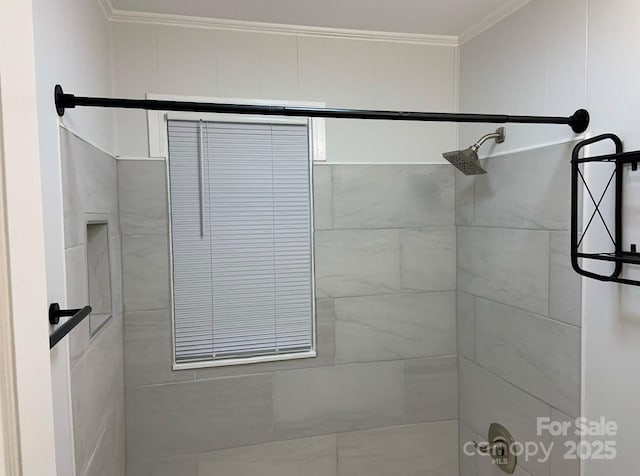 4100 Howie Cir, Charlotte, NC 28205 - bathroom featuring crown molding and tiled shower