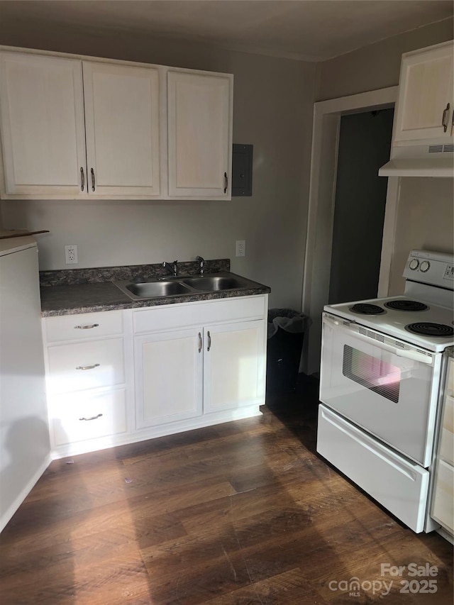 424 Skyland Ave, Charlotte, NC 28205 - kitchen with dark countertops, a sink, white cabinetry, under cabinet range hood, and white electric stove