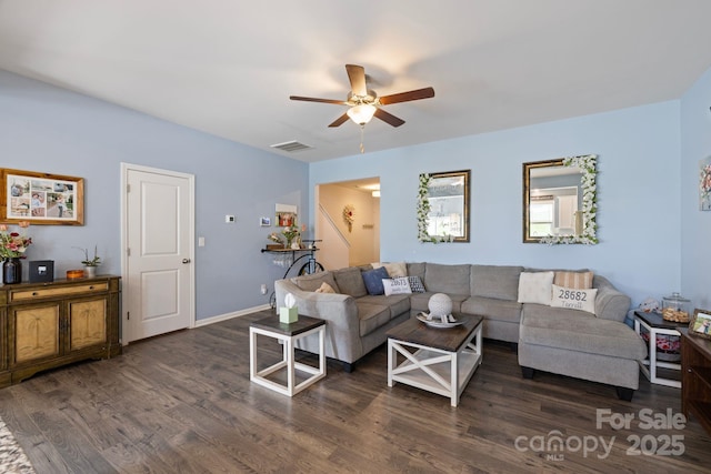 3828 Yorkshire Pl, Terrell, NC 28682 - living area featuring baseboards, a ceiling fan, visible vents, and dark wood-style floors