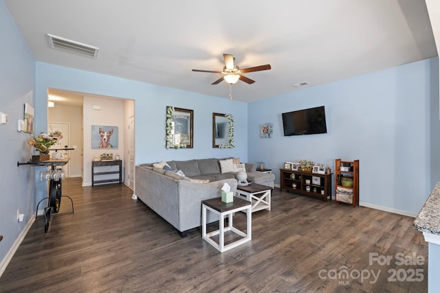 3828 Yorkshire Pl, Terrell, NC 28682 - living room featuring a ceiling fan, baseboards, dark wood-style flooring, and visible vents