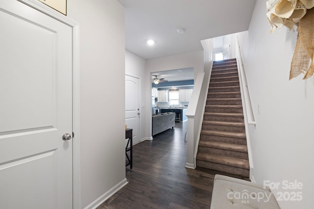 3828 Yorkshire Pl, Terrell, NC 28682 - stairway featuring baseboards, a ceiling fan, wood finished floors, and recessed lighting