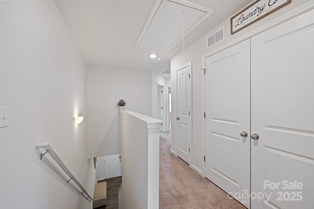 3828 Yorkshire Pl, Terrell, NC 28682 - hall with recessed lighting, visible vents, light carpet, an upstairs landing, and attic access