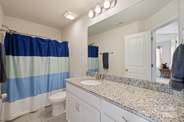 3828 Yorkshire Pl, Terrell, NC 28682 - full bathroom featuring toilet, visible vents, tile patterned flooring, a shower with shower curtain, and vanity