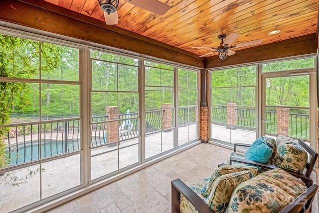 4600 Spicewood Dr, Charlotte, NC 28227 - sunroom / solarium with stone tile floors, a ceiling fan, and wood ceiling