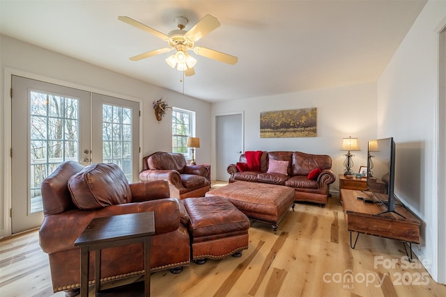 661 Old Chestnut Mountain Rd, Newland, NC 28657 - living room featuring french doors, light wood-style flooring, and ceiling fan