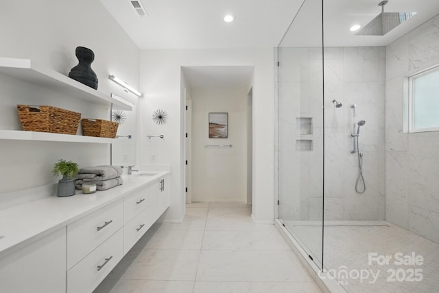 9305 Valley Rd, Charlotte, NC 28270 - bathroom featuring a marble finish shower, marble finish floor, visible vents, and vanity