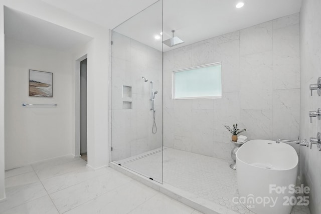 9305 Valley Rd, Charlotte, NC 28270 - bathroom featuring a freestanding tub, a walk in shower, recessed lighting, and marble finish floor