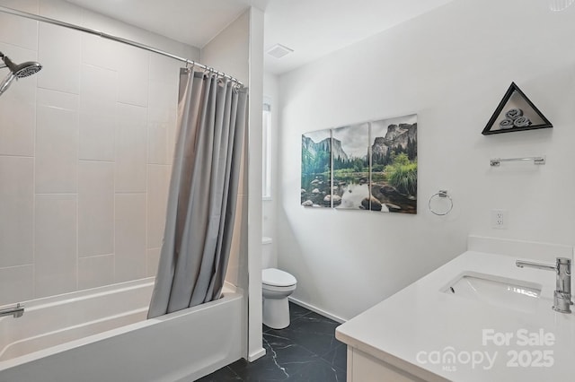 9305 Valley Rd, Charlotte, NC 28270 - full bath with shower / tub combo, visible vents, toilet, vanity, and marble finish floor