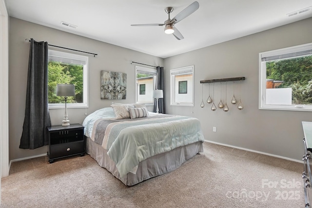 9305 Valley Rd, Charlotte, NC 28270 - bedroom with a ceiling fan, visible vents, light colored carpet, and baseboards