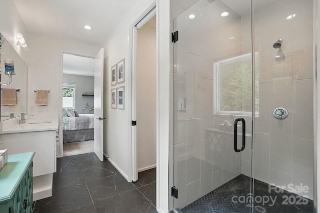 9305 Valley Rd, Charlotte, NC 28270 - ensuite bathroom featuring connected bathroom, vanity, recessed lighting, and a stall shower