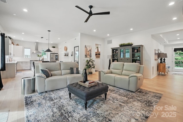 9305 Valley Rd, Charlotte, NC 28270 - living room with recessed lighting, light wood-type flooring, baseboards, visible vents, and a ceiling fan
