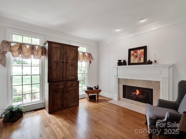 7716 Seton House Ln, Charlotte, NC 28277 - living area featuring a high end fireplace, light wood-style floors, and crown molding