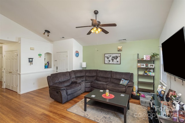 5804 Crosswinds Ct, Indian Trail, NC 28079 - living room with wood finished floors, ceiling fan, vaulted ceiling, and baseboards