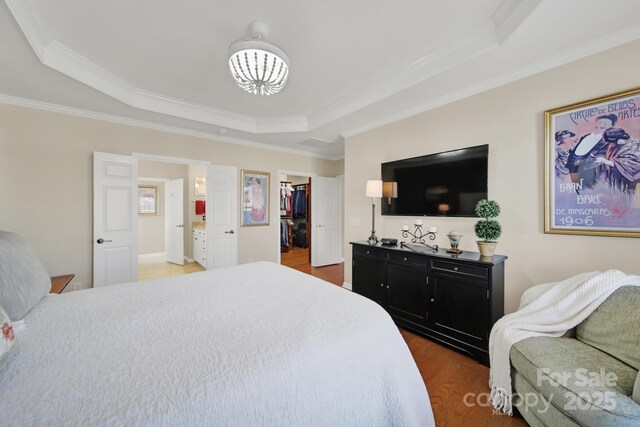 bedroom featuring a closet, a tray ceiling, ornamental molding, wood finished floors, and a spacious closet