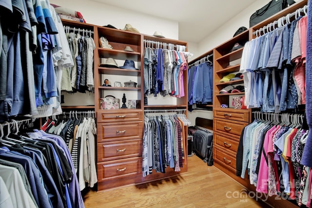 walk in closet with light wood-style floors