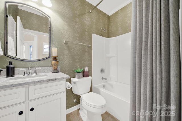 full bathroom with shower / tub combo, wallpapered walls, toilet, tile patterned floors, and vanity