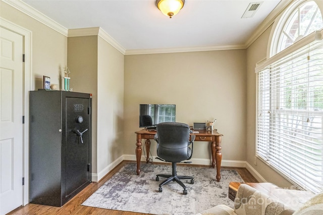 office space featuring ornamental molding, wood finished floors, and a wealth of natural light