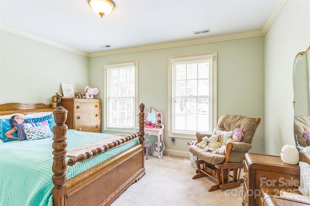 bedroom featuring baseboards, ornamental molding, light colored carpet, and visible vents