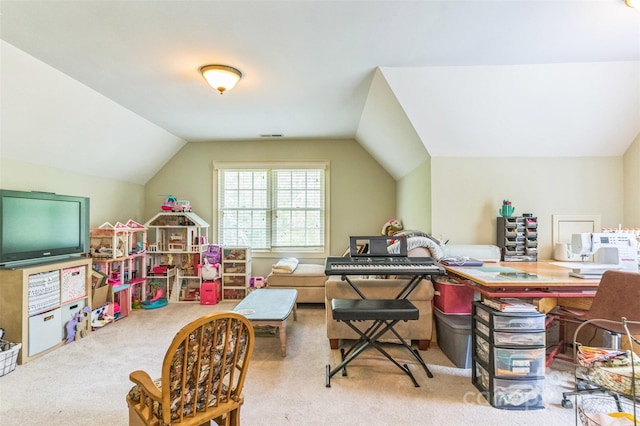 game room featuring carpet floors and lofted ceiling