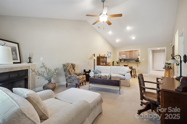 108 Ivy Ct, Morganton, NC 28655 - living area featuring ceiling fan, light colored carpet, baseboards, and high vaulted ceiling