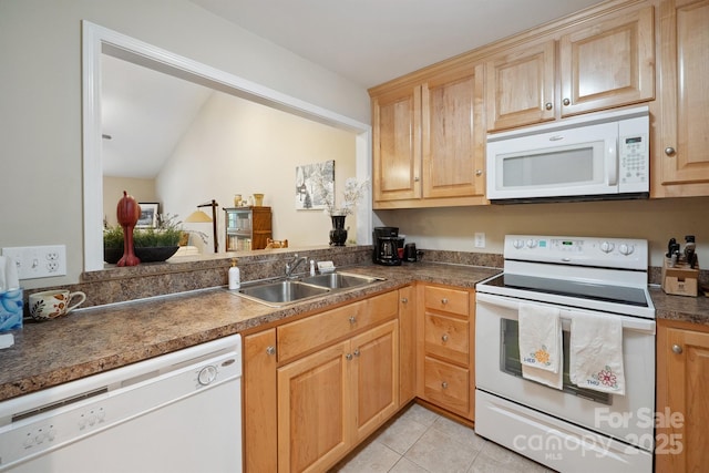 108 Ivy Ct, Morganton, NC 28655 - kitchen featuring light brown cabinetry, dark countertops, white appliances, a sink, and light tile patterned floors