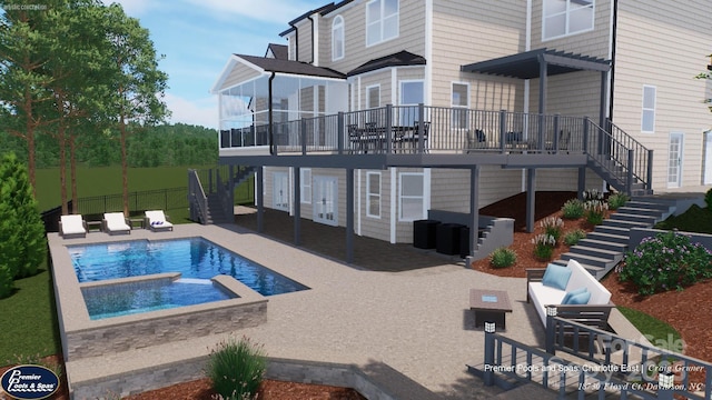 18730 Floyd Ct, Davidson, NC 28036 - view of swimming pool featuring stairs, a patio area, an outdoor hangout area, and a pool with connected hot tub