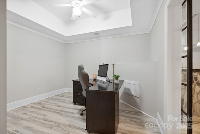 18730 Floyd Ct, Davidson, NC 28036 - office area with ceiling fan, wood finished floors, crown molding, and a raised ceiling