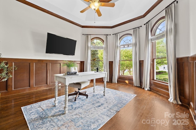 18730 Floyd Ct, Davidson, NC 28036 - office area featuring ornamental molding, a decorative wall, wainscoting, a ceiling fan, and dark wood finished floors
