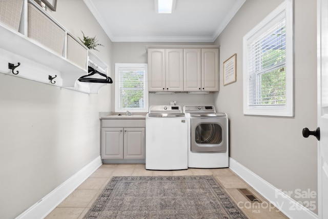 18730 Floyd Ct, Davidson, NC 28036 - laundry room featuring cabinet space, washer and clothes dryer, and crown molding