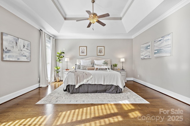 18730 Floyd Ct, Davidson, NC 28036 - bedroom with a raised ceiling, dark wood-style flooring, ornamental molding, and ceiling fan