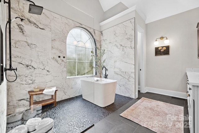 18730 Floyd Ct, Davidson, NC 28036 - bathroom with a soaking tub, vanity, a marble finish shower, lofted ceiling, and tile patterned flooring