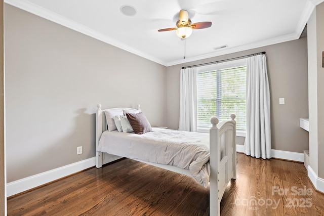 18730 Floyd Ct, Davidson, NC 28036 - bedroom featuring dark wood-style flooring, ornamental molding, and a ceiling fan