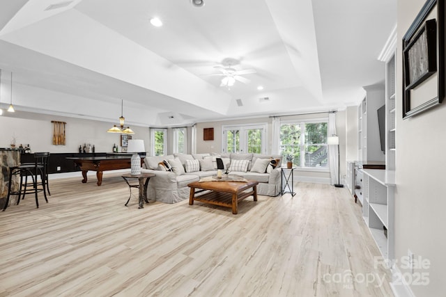 18730 Floyd Ct, Davidson, NC 28036 - living area featuring a tray ceiling, plenty of natural light, ceiling fan, pool table, and recessed lighting