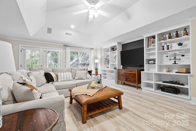 18730 Floyd Ct, Davidson, NC 28036 - living area featuring light wood-type flooring, ceiling fan, lofted ceiling, and built in features