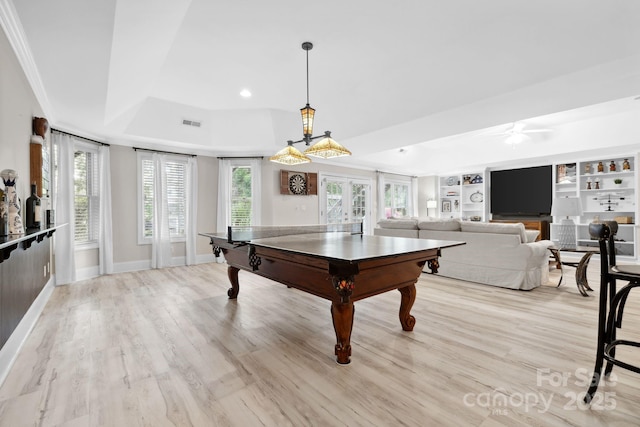 18730 Floyd Ct, Davidson, NC 28036 - playroom with a raised ceiling, light wood-style floors, healthy amount of natural light, recessed lighting, and a ceiling fan
