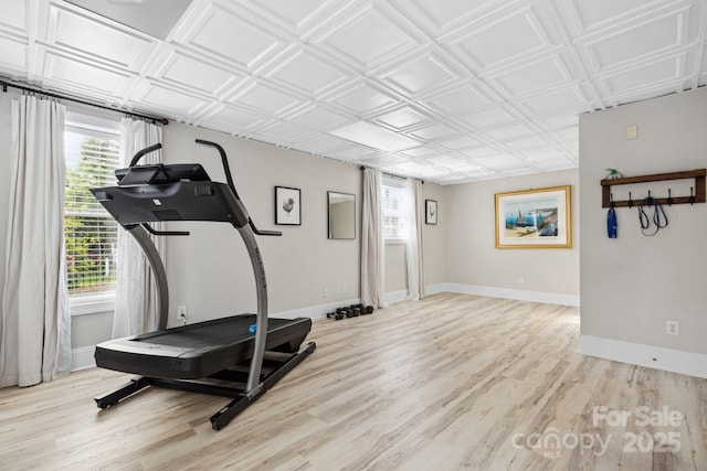 18730 Floyd Ct, Davidson, NC 28036 - exercise room with an ornate ceiling and light wood-style flooring