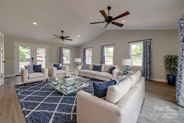 5200 Masons Ferry Rd, Clover, SC 29710 - living area with ceiling fan, french doors, vaulted ceiling, light wood-style flooring, and recessed lighting