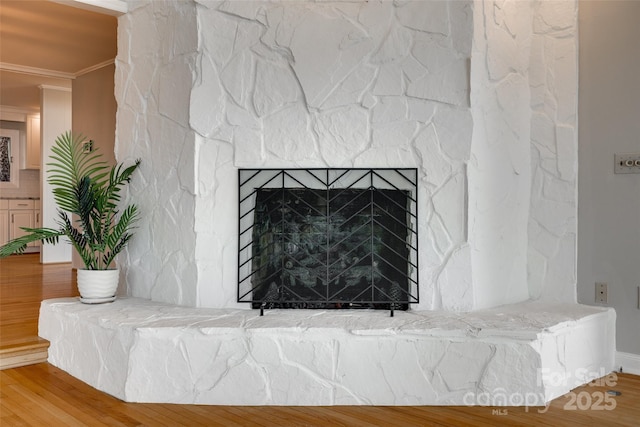 5200 Masons Ferry Rd, Clover, SC 29710 - detailed view of a fireplace, ornamental molding, and wood finished floors