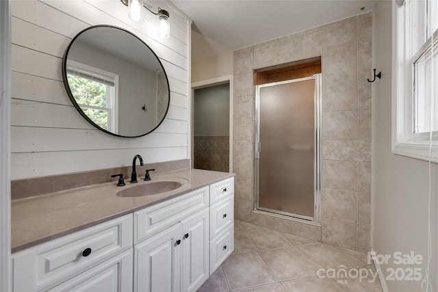 5200 Masons Ferry Rd, Clover, SC 29710 - bathroom with vanity, a stall shower, and tile patterned floors