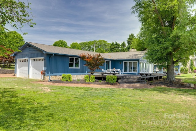 5200 Masons Ferry Rd, Clover, SC 29710 - ranch-style house with a front yard, a deck, an attached garage, a chimney, and french doors