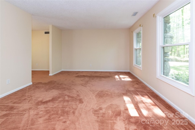 carpeted spare room with visible vents, baseboards, and a healthy amount of sunlight