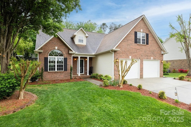 traditional-style home featuring concrete driveway, a shingled roof, a front yard, an attached garage, and brick siding