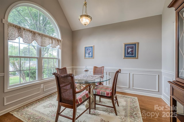 dining room with wood finished floors, a wealth of natural light, and lofted ceiling